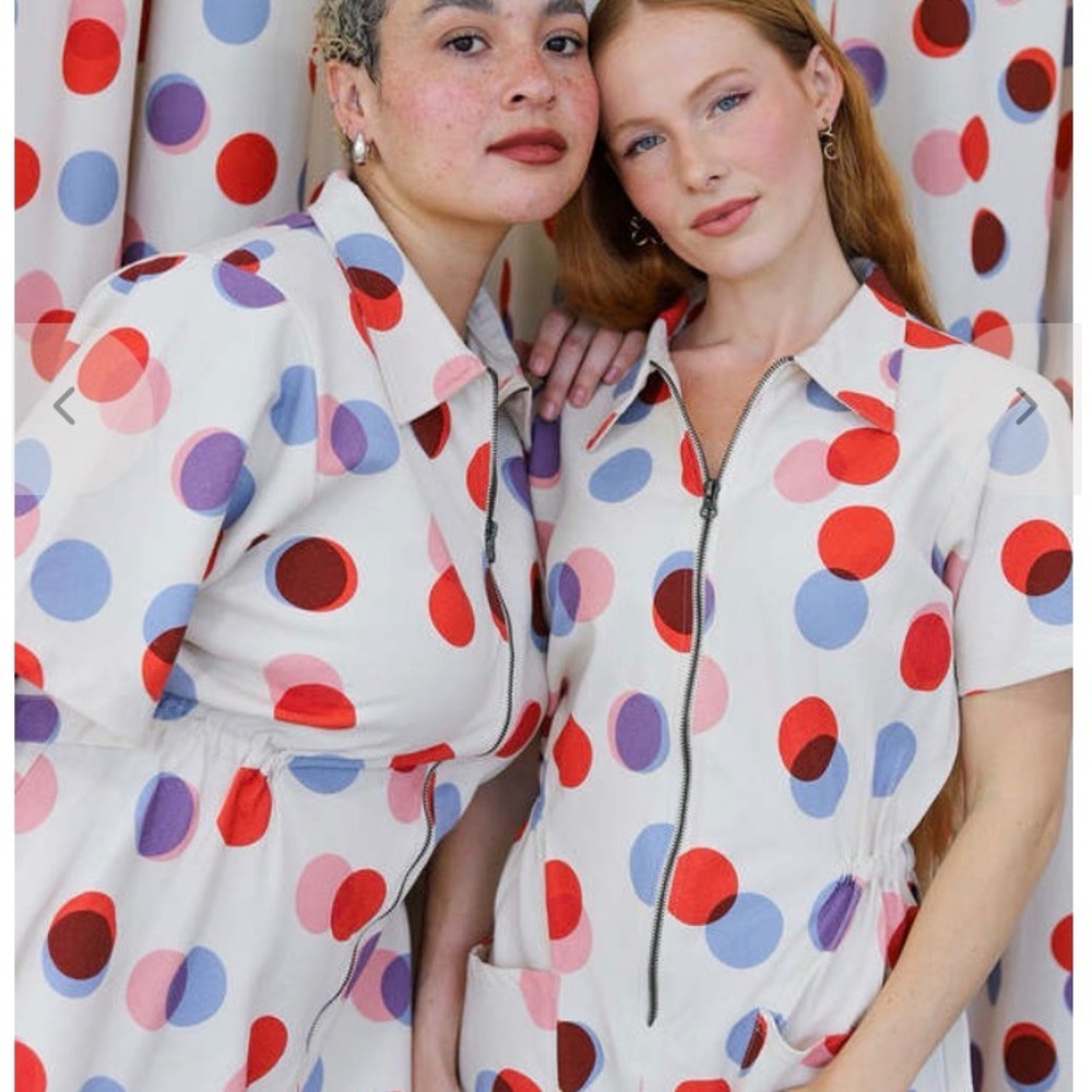 Noble Utility Polka Dots Canvas Zip-in Front Dress with Red & Blue XS